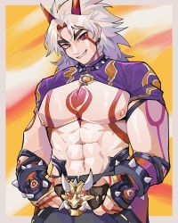 Rule 34 | abs, absurdres, arataki itto, bara, belt, belt grab, body markings, bodypaint, bracelet, choker, crop top, diforland, facepaint, genshin impact, gloves, highres, horns, jewelry, large pectorals, long hair, male focus, mature male, muscular, oni, oni horns, pale skin, pants, pectoral cleavage, pectorals, red eyes, red horns, spiked bracelet, spiked choker, spikes, tattoo, toned, toned male, white hair