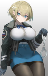 Rule 34 | 1girl, belt, black gloves, black jacket, black pantyhose, blonde hair, blue belt, blue eyes, blue ribbon, blue skirt, blush, breasts, buckle, collared shirt, commentary request, cowboy shot, cuffs, eigo ichii, girls&#039; frontline, gloves, gradient background, hair between eyes, hair ornament, handcuffs, highres, holding, holding handcuffs, jacket, large breasts, long sleeves, looking at viewer, magazine (weapon), miniskirt, mole, mole under eye, neck ribbon, open clothes, open jacket, pantyhose, parted lips, ribbon, russian flag, shirt, shirt tucked in, short hair, sidelocks, simple background, skirt, snap-fit buckle, snowflake hair ornament, solo, standing, striped ribbon, thighband pantyhose, underbust, vsk-94 (girls&#039; frontline), white background, white shirt