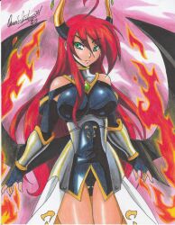 Rule 34 | 1girl, 2020, absurdres, armor, armored dress, bare shoulders, breasts, demon girl, demon wings, fingerless gloves, fire, gloves, green eyes, highres, hori redflame (ravernclouk design), horns, large breasts, long hair, original, pink background, ravernclouk design, red hair, solo, thick thighs, thighs, traditional media, wings