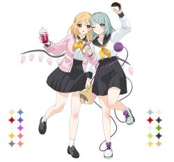 2girls :o ;3 alternate_costume arm_up black_footwear black_sailor_collar black_skirt blonde_hair blush chocolate_doughnut color_guide commentary_request cup disposable_cup doughnut flandre_scarlet food full_body gotou_(nekocat) green_eyes highres holding holding_cup holding_doughnut holding_food jacket komeiji_koishi locked_arms long_sleeves medium_hair multiple_girls neckerchief no_headwear one_eye_closed pastry_box pink_jacket pleated_skirt red_eyes sailor_collar school_uniform serafuku shirt simple_background skirt socks standing standing_on_one_leg sweater_jacket third_eye touhou white_background white_footwear white_shirt white_socks wings yellow_neckerchief