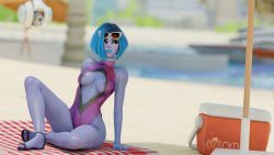 Rule 34 | 3d, absurdres, alternate hair length, alternate hairstyle, areola slip, bare hips, blue hair, blue lips, breasts, breasts apart, cleavage, cote d&#039;azur widowmaker, day, discko, earrings, eyebrows hidden by hair, eyeshadow, full body, highres, hoop earrings, jewelry, lipstick, makeup, medium breasts, medium hair, nail polish, narrow waist, one-piece swimsuit, open clothes, outdoors, overwatch, overwatch 1, purple one-piece swimsuit, sandals, self-upload, solo, sunglasses, sunglasses on head, swimsuit, teeth, toenail polish, toenails, upper teeth only, widowmaker (overwatch)