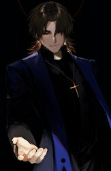Rule 34 | 1boy, absurdres, albino (a1b1n0623), black background, black eyes, black robe, brown hair, clerical collar, cross, cross necklace, fate/grand order, fate (series), highres, jewelry, kotomine kirei, male focus, necklace, priest, rasputin (fate), reaching, reaching towards viewer, robe, scarf, smile, stole