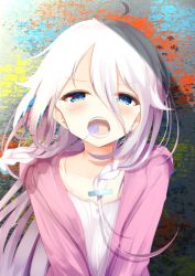 Rule 34 | 1girl, ahoge, aties20, blue eyes, blush, camisole, candy, collarbone, commentary, earrings, food, food in mouth, hair between eyes, hair ornament, hairclip, hood, hood down, hooded jacket, ia (vocaloid), jacket, jewelry, lollipop, long hair, looking at viewer, open clothes, open jacket, open mouth, pink jacket, silver hair, solo, upper body, v-shaped eyebrows, very long hair, vocaloid, white camisole