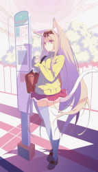 Rule 34 | 1girl, absurdres, animal ears, brown hair, bus stop, cat ears, cat tail, fence, hair ribbon, hamasin2424, highres, kitsune, long hair, long sleeves, original, outdoors, plant, red skirt, ribbon, shade, sign, skirt, solo, standing, sunlight, tail, thighhighs, tree, very long hair, white thighhighs, zettai ryouiki