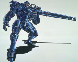 Rule 34 | 1980s (style), 1boy, aiming, ammunition belt, android, aramaki shinji, boomer (bubblegum crisis), bubblegum crisis, cable, fangs, gatling gun, gun, holding, holding gun, holding weapon, mecha, official art, oldschool, open mouth, red eyes, retro artstyle, robot, shadow, simple background, teeth, weapon, white background