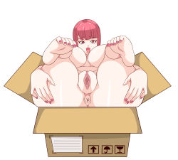 Rule 34 | 1girl, absurdres, anus, box, breasts, feet, female focus, highres, large breasts, nude, open mouth, pink eyes, pink hair, pussy, short hair, toshiso (artist), uncensored