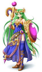 Rule 34 | 1girl, alternate color, anklet, asymmetrical footwear, blue dress, blue skirt, blue thighhighs, breasts, dress, full body, gold, green eyes, green hair, highres, hip focus, jewelry, kid icarus, layered clothes, long hair, long skirt, matching hair/eyes, mazume, medium breasts, mismatched footwear, nintendo, ornament, palutena, shield, side slit, simple background, single thighhigh, skirt, smile, solo, staff, strapless, strapless dress, super smash bros., thighhighs, uneven footwear, very long hair, white background