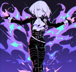 Rule 34 | 1boy, ascot, black background, black gloves, black jacket, blonde hair, chromatic aberration, earrings, fire, gloves, gradient background, green hair, half gloves, head tilt, highres, jacket, jewelry, karokuchitose, lio fotia, looking at viewer, male focus, open mouth, promare, purple background, purple eyes, solo