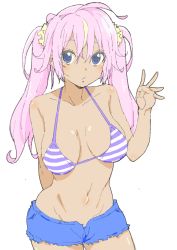 Rule 34 | 1girl, absurdres, bad id, bad twitter id, bare arms, bare shoulders, bikini, bikini shorts, bikini top only, blue bikini, blue eyes, blue shorts, breasts, closed mouth, commentary request, cowboy shot, donguri suzume, hair between eyes, highres, large breasts, long hair, looking at viewer, multicolored hair, navel, pink hair, scrunchie, shorts, simple background, solo, streaked hair, striped bikini, striped bikini top, striped clothes, swimsuit, twintails, white background