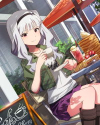 Rule 34 | 10s, 1girl, artist request, cake, coffee, cup, dutch angle, food, hairband, idolmaster, idolmaster (classic), idolmaster million live!, jewelry, light smile, long hair, necklace, official art, pancake, pink eyes, shijou takane, silver hair, solo, pancake stack, teacup, wavy hair