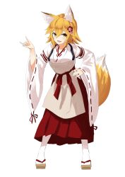 Rule 34 | 1girl, absurdres, animal ear fluff, animal ears, apron, blonde hair, blush, commentary request, fang, flower, fox ears, fox girl, fox shadow puppet, fox tail, full body, geta, hair between eyes, hair flower, hair ornament, hakama, hand on own hip, highres, iwashi (nisankatanso), japanese clothes, looking at viewer, miko, open mouth, red hakama, ribbon-trimmed kimono, ribbon-trimmed sleeves, ribbon trim, senko (sewayaki kitsune no senko-san), sewayaki kitsune no senko-san, short hair, simple background, skin fang, smile, socks, solo, standing, tail, white apron, white background, white socks, wide sleeves, yellow eyes