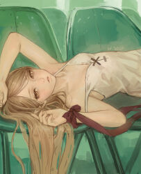 Rule 34 | 1girl, absurdres, armpits, bare shoulders, blonde hair, breasts, chinese commentary, commentary request, dress, highres, kiss-shot acerola-orion heart-under-blade, kizumonogatari, light blush, long hair, looking at viewer, lying, monogatari (series), on chair, on stomach, oshino shinobu, parted bangs, parted lips, pointy ears, red ribbon, ribbon, sleeveless, sleeveless dress, small breasts, solipsist, solo, strap slip, teeth, upper body, white dress, yellow eyes