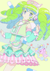 Rule 34 | 1girl, bare shoulders, colored eyelashes, cowboy shot, detached sleeves, dress, falulu, green dress, green hair, green shirt, grey eyes, hands up, hat, headphones, idol clothes, ku (residual666), layered dress, long hair, looking at viewer, nurse cap, open mouth, pill, pouch, pretty series, pripara, shirt, sidelocks, solo, standing, stethoscope, stuffed animal, stuffed toy, twintails, unicorn, unicorn (pripara)