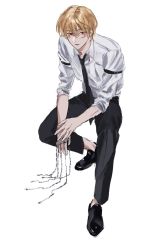 Rule 34 | 1boy, alternate hair length, alternate hairstyle, arm strap, bad id, bad twitter id, black footwear, black necktie, black pants, blood, blood on clothes, blood on face, chain, chokeke 005, collared shirt, cuts, dress shirt, earrings, full body, hair over eyes, hunter x hunter, injury, invisible chair, jewelry, kurapika, long sleeves, looking at viewer, male focus, multiple rings, necktie, pants, red eyes, ring, shirt, shoes, simple background, sitting, sketch, sleeves pushed up, solo, weapon, white background, white shirt