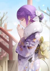 Rule 34 | 1girl, absurdres, closed eyes, closed mouth, day, demon girl, demon tail, green nails, highres, hololive, izumi kei, japanese clothes, kimono, long hair, long sleeves, multicolored nails, own hands together, praying, purple hair, purple kimono, purple nails, shrine, sidelocks, solo, standing, tail, tokoyami towa, virtual youtuber