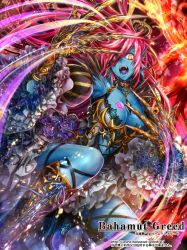 Rule 34 | 1girl, bahamut greed, blue skin, breasts, cleavage, colored skin, crotalaria, large breasts, long hair, red hair, solo, yellow eyes