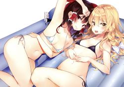 Rule 34 | 2girls, absurdres, arm up, armpits, bare arms, bare shoulders, bikini, black bikini, blonde hair, blush, bow, braid, breasts, brown hair, collarbone, feet out of frame, grin, groin, hair between eyes, hair bow, hair tubes, hakurei reimu, highres, kirisame marisa, long hair, looking at viewer, lying, micro bikini, mirei, multiple girls, navel, no headwear, no headwear, on back, on side, open mouth, parted lips, polka dot, polka dot background, red bow, red eyes, scan, side-tie bikini bottom, sidelocks, single braid, small breasts, smile, stomach, swimsuit, thighs, third-party edit, touhou, translation request, upper body, wavy hair, white background, white bikini, white bow, yellow eyes