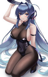 Rule 34 | 1girl, absurdres, animal ears, arm strap, arm up, azur lane, bare shoulders, black footwear, black leotard, blue eyes, blue hair, blush, bodystocking, breasts, brown pantyhose, chinese commentary, cleavage, commentary request, covered navel, eternity (shadeh), fake animal ears, full body, hair between eyes, headgear, high heels, highres, large breasts, leotard, long hair, looking at viewer, new jersey (azur lane), new jersey (exhilarating steps!) (azur lane), official alternate costume, pantyhose, playboy bunny, rabbit ears, see-through, see-through cleavage, simple background, smile, solo, very long hair, white background