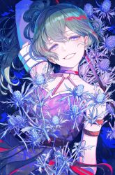 Rule 34 | 1girl, absurdres, arm up, belt, black belt, clenched teeth, flower, green hair, grin, hair between eyes, highres, holding, holding weapon, light particles, long hair, looking at viewer, nakauma, purple eyes, side ponytail, sidelocks, smile, solo, sousou no frieren, straight-on, teeth, ubel (sousou no frieren), upper body, weapon