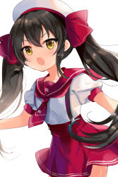 Rule 34 | 1girl, black hair, blush, bow, breasts, collarbone, cowboy shot, dot nose, hair between eyes, hair bow, hair ribbon, hat, highres, idolmaster, idolmaster cinderella girls, idolmaster cinderella girls starlight stage, long hair, looking at viewer, matoba risa, necktie, open mouth, outstretched arms, red necktie, red ribbon, red sailor collar, red skirt, red trim, ribbon, sailor collar, shima(kanidess), shirt, short sleeves, simple background, skirt, small breasts, solo, standing, suspender skirt, suspenders, twintails, v-shaped eyebrows, white background, white hat, white shirt, yellow eyes