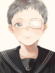 Rule 34 | 1boy, anchor print, black shirt, blue eyes, child, closed mouth, eyelashes, eyepatch, grey hair, looking at viewer, male focus, mame (mmgamegg), medical eyepatch, one eye covered, original, portrait, sailor collar, shirt, short hair, simple background, smile, solo, white background