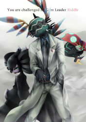 Rule 34 | belt, black neckwear, black skin, blouse, blue eyes, blue shirt, chabo tatumi, character request, collared shirt, colored skin, creatures (company), english text, fusion, game freak, gen 5 pokemon, gothitelle, hand in pocket, highres, lab coat, looking at viewer, necktie, nintendo, original, pants, poke ball, pokemon, pokemon (creature), shirt, sigilyph, standing