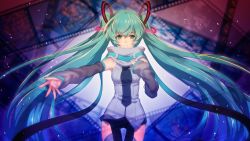 Rule 34 | 1girl, blue hair, cowboy shot, detached sleeves, floating hair, green eyes, grey sleeves, grey vest, hatsune miku, highres, long hair, long sleeves, looking at viewer, matsuda toki, outstretched arm, parted lips, solo, standing, thigh gap, very long hair, vest, vocaloid