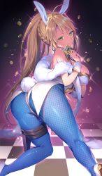 Rule 34 | 1girl, animal ears, artoria pendragon (all), artoria pendragon (fate), artoria pendragon (swimsuit ruler) (fate), ass, bad id, bad pixiv id, bare shoulders, blonde hair, blue pantyhose, blush, braid, breasts, card, checkered floor, detached collar, fake animal ears, fate/grand order, fate (series), fishnet pantyhose, fishnets, french braid, green eyes, hair between eyes, highres, kneeling, large breasts, leotard, long hair, looking at viewer, pantyhose, playboy bunny, playing card, poker chip, ponytail, rabbit ears, rabbit tail, sidelocks, smile, solo, sparkle, tail, thigh strap, thighs, tiara, vivi (eve no hakoniwa)