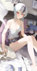Rule 34 | 1girl, absurdres, bare shoulders, barefoot, black hair, black shorts, blue archive, blurry, blurry background, blush, breasts, camisole, cat, cat teaser, character doll, closed mouth, ear piercing, feet, foot out of frame, hair between eyes, halo, highres, horns, indoors, kayoko (blue archive), kji (rozo), knees up, legs, looking at viewer, multicolored hair, on bed, petting, piercing, pillow, ponytail, red eyes, shirt, short hair, shorts, sidelocks, sitting, small breasts, smile, solo, strap slip, two-tone hair, white hair, white shirt