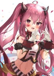 Rule 34 | 1girl, ahoge, armband, bustier, confetti, cowboy shot, crop top, fake horns, fang, frills, gloves, goma (u p), grace (sound voltex), hair between eyes, halo, hand up, heart, heart hands, heart tattoo, horns, long hair, looking at viewer, midriff, navel, open mouth, pink eyes, pink hair, red skirt, skirt, solo, sound voltex, striped, tail, tattoo, vertical stripes, very long hair, white gloves, wrist cuffs