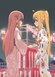 Rule 34 | 2girls, aayh, ahoge, blonde hair, blue eyes, bocchi the rock!, braid, commentary request, cube hair ornament, eye contact, gotoh hitori, hair ornament, holding hands, ijichi nijika, japanese clothes, kimono, long hair, long sleeves, looking at another, multiple girls, night, night sky, obi, one side up, outdoors, pink hair, pink kimono, profile, red eyes, sash, side ponytail, sky, star (sky), starry sky, summer festival, very long hair, white kimono, wide sleeves