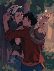 Rule 34 | 2022, 2boys, against tree, black hair, black shirt, blush, closed mouth, commentary request, dated, demorzel, denim, earrings, facial scar, fur hat, hat, highres, holding another&#039;s wrist, jeans, jewelry, looking at another, male focus, monkey d. luffy, multiple boys, one eye closed, one piece, outdoors, pants, red shirt, scar, scar on cheek, scar on face, shirt, short hair, short sleeves, straw hat, sweatdrop, teeth, trafalgar law, tree, twitter username, unworn hat, unworn headwear, yaoi, yellow eyes