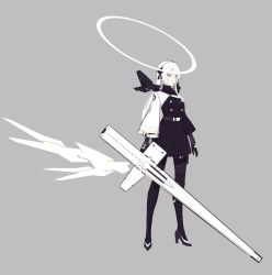 Rule 34 | 1girl, closed mouth, grey background, grey eyes, gun, halo, high heels, holding, holding gun, holding weapon, huge weapon, jhcrow3, long hair, original, simple background, solo, weapon, white hair