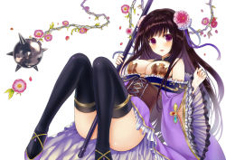 Rule 34 | 1girl, :d, between legs, black hair, black thighhighs, blush, breasts, cleavage, convenient leg, corset, flail, flower, hair flower, hair ornament, legs together, long hair, looking at viewer, lying, on back, open mouth, original, purple eyes, revealing clothes, shiny skin, smile, solo, thighhighs, weapon, yuuki rika