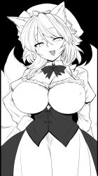 Rule 34 | 1girl, alternate costume, animal ears, breasts, cleavage, commentary, fang, fox ears, fox girl, fox tail, greyscale, hand on own hip, hat, high contrast, highres, juliet sleeves, kitsune, large breasts, long sleeves, looking at viewer, maid, mizuga, monochrome, multiple tails, open mouth, puffy sleeves, short hair, skin fang, smile, solo, symbol-only commentary, tail, touhou, yakumo ran