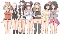 Rule 34 | 6+girls, blush, bottomless, breasts, cleft of venus, closed eyes, closed mouth, creatures (company), dawn (pokemon), female pubic hair, game freak, gloria (pokemon), highres, hilda (pokemon), lineup, may (pokemon), medium breasts, multiple girls, nintendo, open mouth, pokemon, pokemon bw, pokemon dppt, pokemon rse, pokemon sm, pokemon swsh, pokemon xy, pubic hair, pussy, rosa (pokemon), selene (pokemon), serena (pokemon), smile, tagme, thighhighs, thighs, yuni tofu