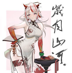 Rule 34 | 1girl, :q, absurdres, arknights, bare shoulders, bead bracelet, beads, blush, bracelet, breasts, china dress, chinese clothes, closed mouth, coin, colored extremities, colored skin, covered navel, cowboy shot, dragon girl, dragon horns, dragon tail, dress, earrings, gradient skin, grey dress, grey hair, hand fan, highres, holding, holding fan, holed coin, horns, jewelry, large breasts, leg tattoo, long hair, looking at viewer, multicolored hair, nian (arknights), nian (unfettered freedom) (arknights), official alternate costume, pelvic curtain, pointy ears, ponytail, purple eyes, red skin, sleeveless, sleeveless dress, smile, solo, streaked hair, tail, tattoo, tongue, tongue out, translation request, tupolev-160 (artist), two-tone hair, white dress