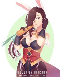 Rule 34 | 1girl, absurdres, alternate costume, animal ears, artist name, bare shoulders, breasts, brown eyes, brown hair, bustier, carrot, cleavage, corset, deh sofa, fake animal ears, fire emblem, fire emblem fates, fire emblem heroes, food, frills, gloves, hair over one eye, tucking hair, highres, holding, holding food, jewelry, kagero (fire emblem), kagero (spring) (fire emblem), large breasts, leotard, long hair, looking at viewer, necklace, ninja, nintendo, pantyhose, playboy bunny, ponytail, rabbit ears, solo, vegetable