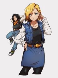 Rule 34 | 1boy, 1girl, android 17, android 18, arms behind head, belt, black hair, blonde hair, blue eyes, breasts, brother and sister, denim, dragon ball, dragonball z, earrings, hand on own ear, hand on own ear, jewelry, kemachiku, long sleeves, neckerchief, pants, pantyhose, red ribbon army, shirt, short hair, siblings, simple background, skirt, twins