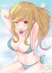 Rule 34 | 1girl, :3, absurdres, armpits, arms behind head, bikini, blonde hair, breasts, file112056, highres, inuyama aoi, large breasts, long hair, looking at viewer, mouth hold, navel, one eye closed, side-tie bikini bottom, side ponytail, sitting, solo, swimsuit, thick eyebrows, wariza, water, yurucamp