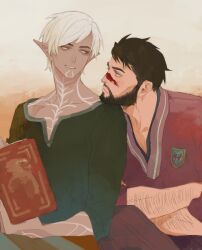 Rule 34 | 2boys, arm hair, beard, black hair, book, chest tattoo, dadasaku, dark-skinned male, dark skin, dragon age, dragon age 2, elf, eye contact, facial hair, facial mark, fenris (dragon age 2), full beard, garrett hawke, head on another&#039;s shoulder, head rest, holding, holding book, looking at another, male focus, multiple boys, neck tattoo, pointy ears, short hair, smile, tattoo, upper body, white hair, yaoi