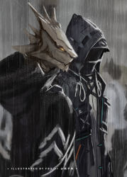 Rule 34 | 12f (arknights), 1boy, 1other, absurdres, arknights, artist name, black coat, coat, commentary, doctor (arknights), fengbuxiao, from side, furry, furry male, highres, hood, hood up, hooded coat, lizardman, long sleeves, rain, yellow eyes