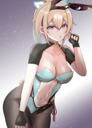 Rule 34 | 1girl, :o, animal ears, ayukawa ii, bad id, bad pixiv id, black gloves, black pantyhose, blonde hair, blue eyes, blue leotard, blush, breasts, cleavage, collarbone, covered navel, crossed bangs, fake animal ears, fake tail, fingerless gloves, gloves, hair between eyes, hair ornament, hand on own thigh, hand up, highres, hololive, kazama iroha, leaf hair ornament, leaning forward, leotard, long hair, looking at viewer, medium breasts, meme attire, open mouth, pantyhose, playboy bunny, ponytail, rabbit ears, rabbit tail, see-through, see-through leotard, shrug (clothing), simple background, solo, tail, translucent bunnysuit, virtual youtuber