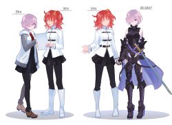 Rule 34 | 2girls, armor, armored boots, armored dress, black pantyhose, black skirt, boots, chaldea uniform, en (enxxx), fate/grand order, fate (series), fujimaru ritsuka (female), gauntlets, hair over one eye, height chart, height difference, holding hands, interlocked fingers, mash kyrielight, multiple girls, pantyhose, purple eyes, purple hair, red eyes, red hair, short hair, side ponytail, skirt, sword, weapon, white footwear
