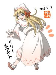 Rule 34 | 1girl, blonde hair, blue eyes, bow, capelet, character name, dated, hair bow, hat, inuno rakugaki, lily white, long hair, looking at viewer, looking back, open mouth, solo, touhou, white background, wide sleeves