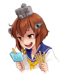 Rule 34 | 10s, 1girl, brown hair, collarbone, dress, food, hair ornament, kantai collection, open mouth, orange eyes, popsicle, popsicle stick, sailor dress, short hair, simple background, solo, upper body, watanore, yukikaze (kancolle)