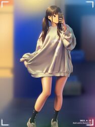 Rule 34 | 1girl, :o, a.x., absurdres, animification, black eyes, black hair, black socks, blurry, blurry background, bottomless, cellphone, character name, dated, grey footwear, grey sweater, highres, holding, holding phone, one eye covered, parted lips, phone, real life, shinonome umi, shoes, smartphone, sneakers, socks, solo, sweater, twintails, viewfinder