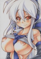 Rule 34 | 1girl, bare shoulders, between breasts, blush, breasts, clothes lift, collarbone, detached sleeves, female focus, graphite (medium), headset, large breasts, long hair, marker (medium), millipen (medium), necktie, necktie between breasts, nipples, no bra, red eyes, shirt lift, silver hair, simple background, slit pupils, smile, solo, traditional media, uneven eyes, upper body, very long hair, vocaloid, white background, yowane haku, yutakasan-love
