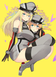 Rule 34 | 10s, 2girls, :o, anchor hair ornament, bare shoulders, bismarck (kancolle), blonde hair, blue eyes, blush, breasts, cropped legs, detached sleeves, grey legwear, hair ornament, hareno chiame, hat, kantai collection, large breasts, long hair, looking at viewer, low twintails, multiple girls, peaked cap, prinz eugen (kancolle), smile, thighhighs, twintails, yellow background