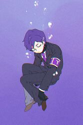 Rule 34 | 1boy, air bubble, armband, black gloves, black jacket, black pants, black sweater, brown footwear, bubble, chromatic aberration, closed eyes, closed mouth, collared shirt, commentary request, formal, gloves, jacket, lobotomy corporation, long sleeves, male focus, medu (rubish), necktie, pants, project moon, purple armband, purple hair, purple necktie, ribbed sweater, shirt, short hair, solo, suit, sweater, turtleneck, turtleneck sweater, white shirt, yesod (project moon)